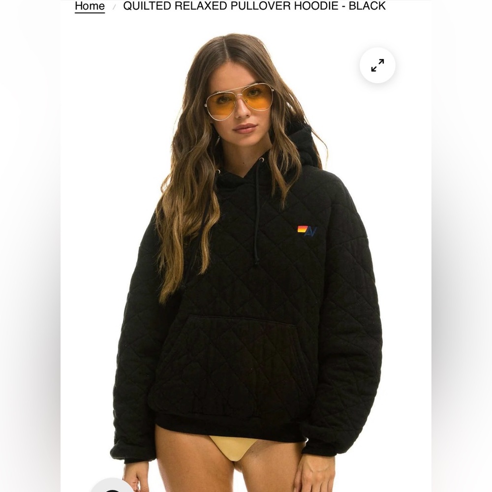 Aviator Nation Quilted Relaxed Pullover Hoodie - Black with Small Rainbow Logo
